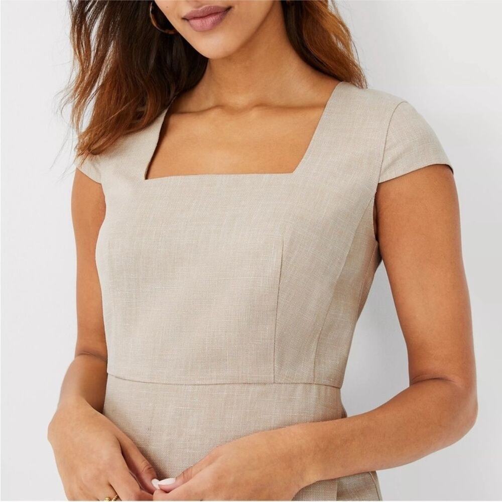 NWT Ann Taylor Linen Blend Square Neck Faux Wrap Sheath Dress - Size 2 Petite - Picture 2 of 8